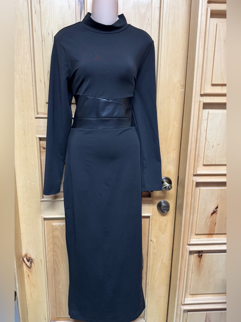 SHEIN Black Long-Sleeve Mock Neck Midi Dress with Faux-Waist Panel